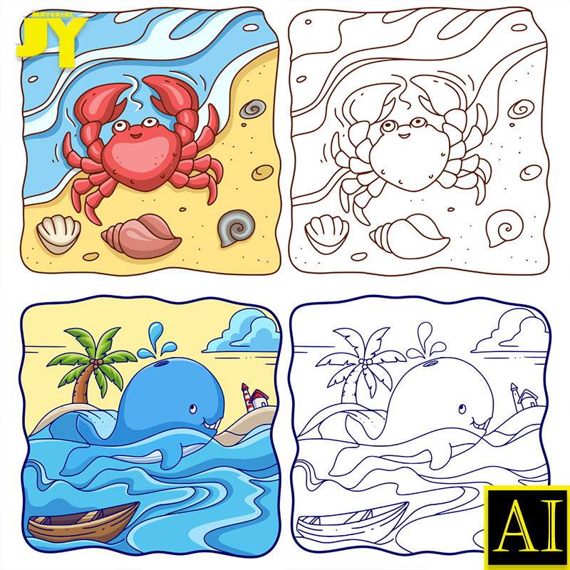 手绘卡通鲨鱼海洋生物线稿幼儿园儿童涂色填色简笔画临摹画AI素材