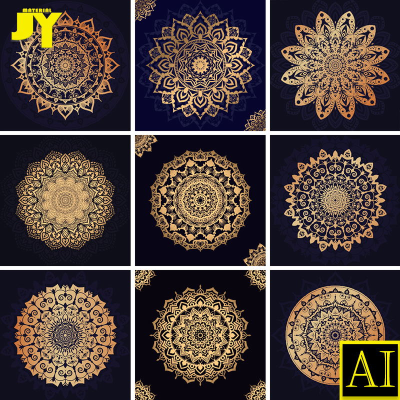 复古金色典雅曼陀罗花纹插画花卉花朵图案请柬装饰样式矢量AI素材
