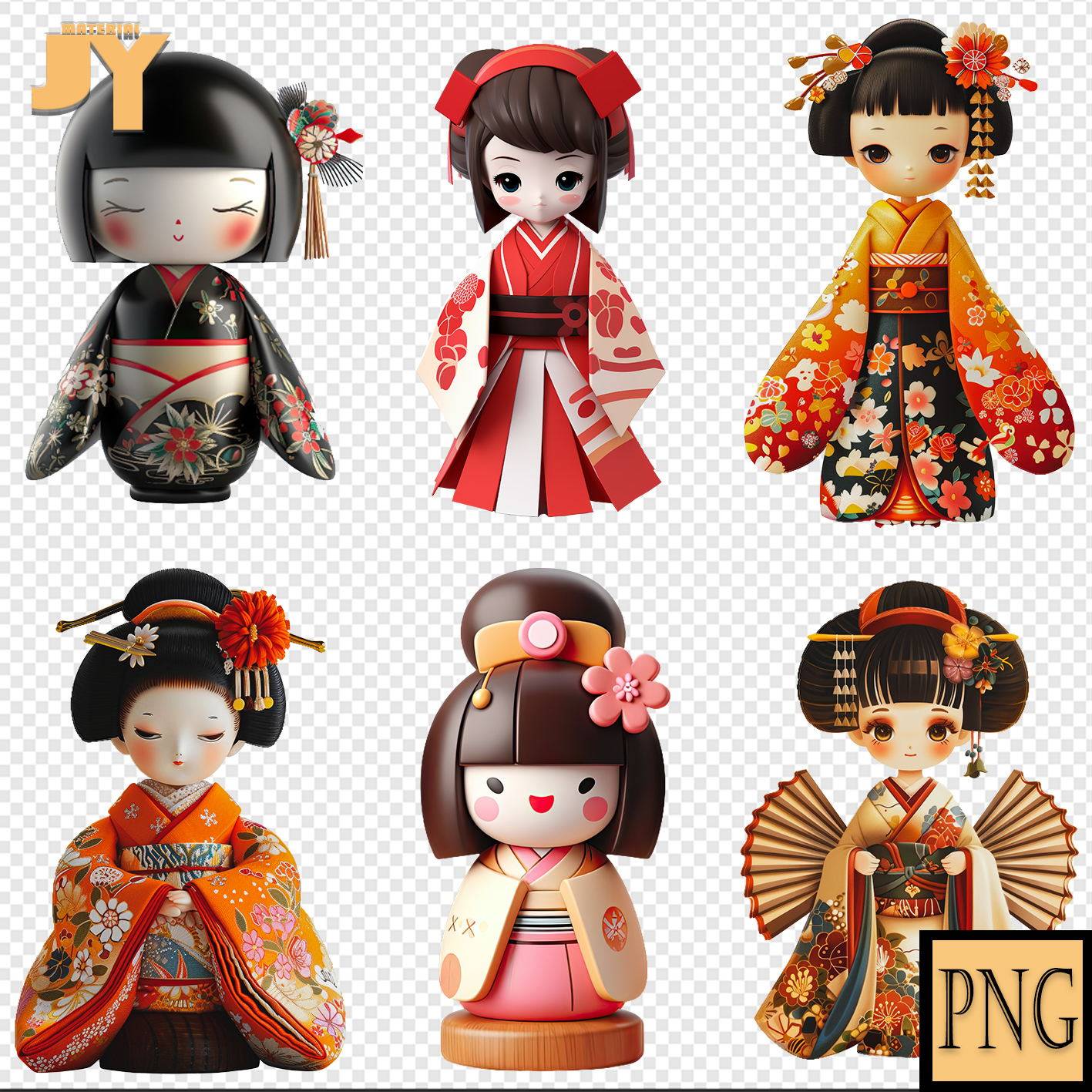 花卉图案黑色和服3D传统日本木芥子娃娃插画高清免扣PNG设计素材