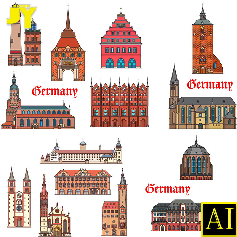 世界各国地标城市建筑教堂城堡古建筑插画海报矢量图ai设计素材