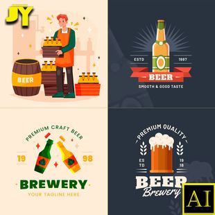 手绘小麦木桶机器啤酒制作过程图海报画册插画网页版式模板AI素材