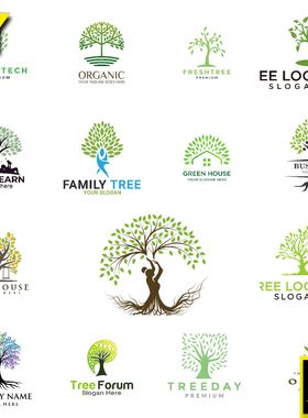 工笔树彩绘剪影手绘创意大树企业LOGO设计图标插画AI矢量图素材