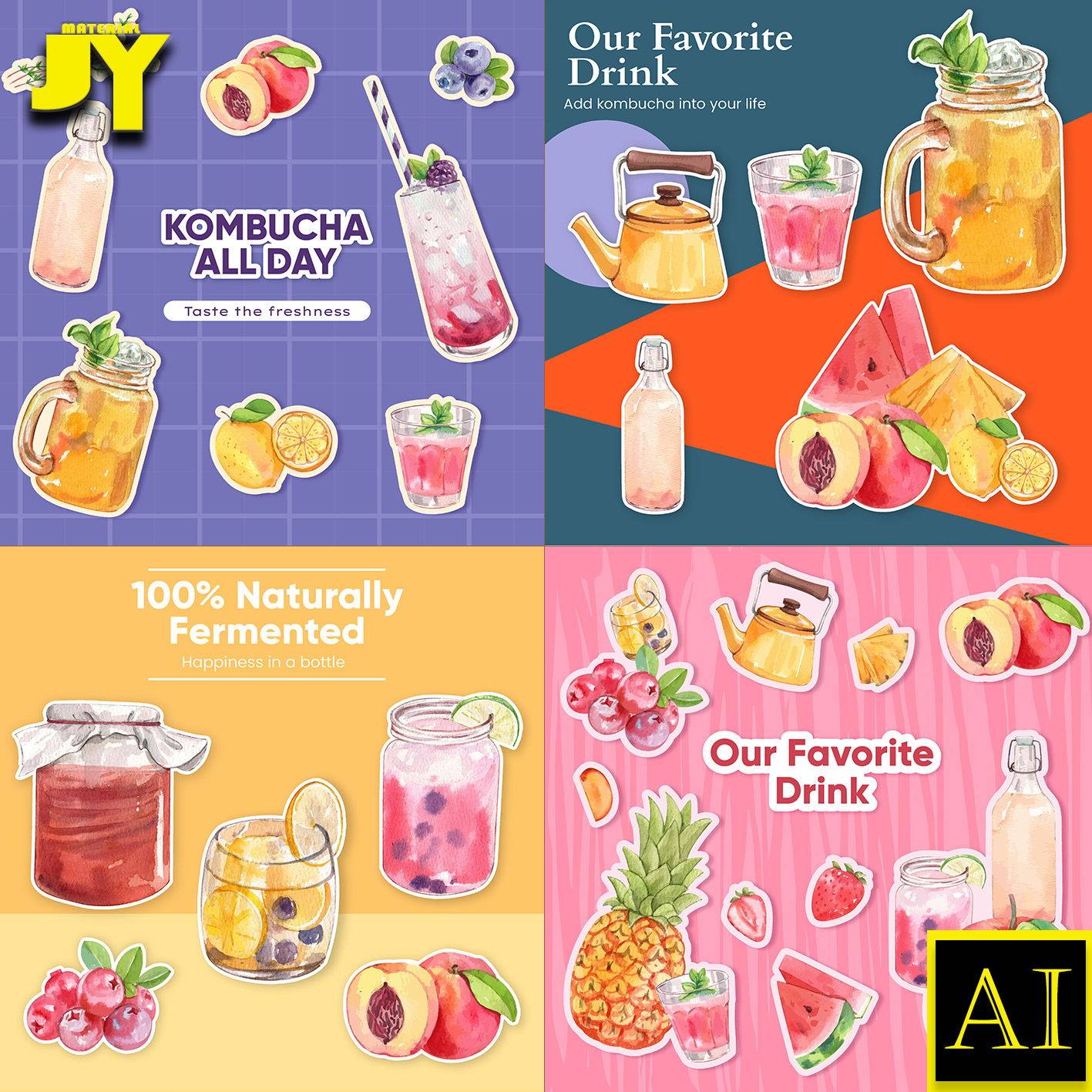 手绘水粉果酱果汁水果茶冰镇饮料杯子冷饮店背景墙海报插画ai素材