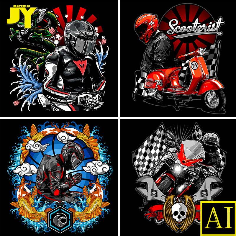 矢量手绘老鹰蛇狗头盔骑士摩托车重机车比赛海报插画平面设计素材