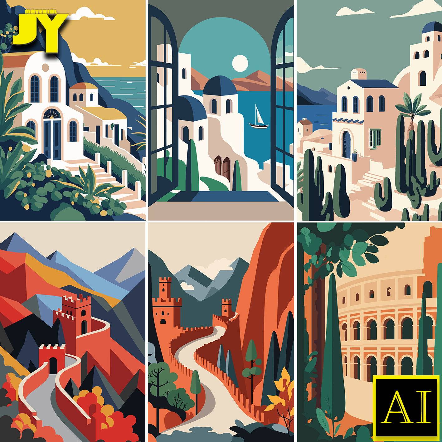 扁平化欧美建筑威尼斯法国希腊爱琴海万里长城插画海报设计ai素材