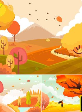 橙色系落叶hello autumn卡通森系治愈系秋季自然风景插画AI素材