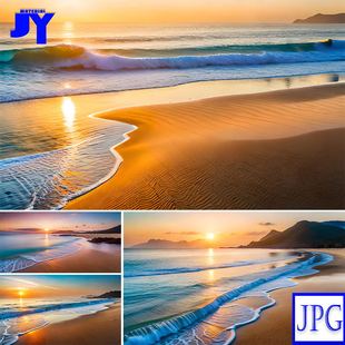 夕阳海边大海金色沙滩碧绿的海浪蓝天海景装饰画高清JPG背景素材