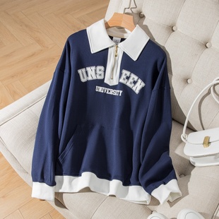 亏本清仓秋季新款撞色拼接polo翻领半拉链薄款卫衣宽松长袖上衣女