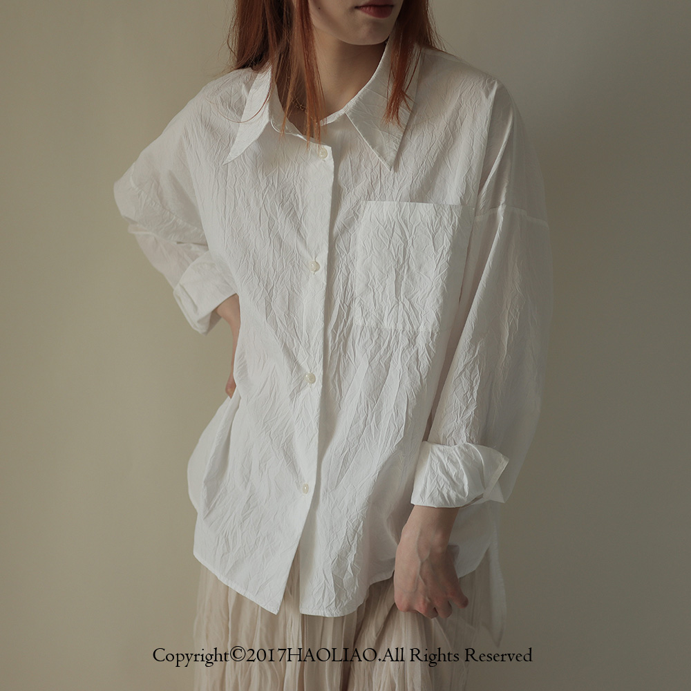 褶皱纹理面料好打理宽松白衬衫