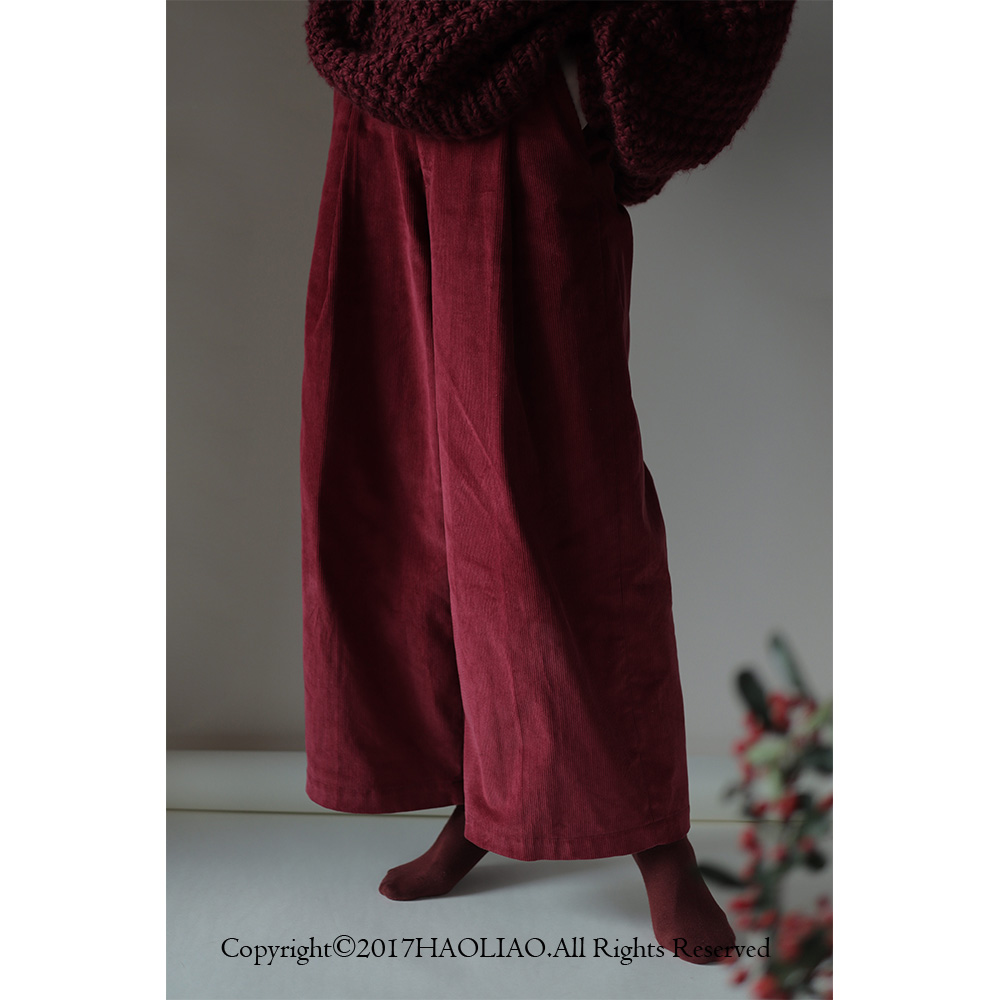 HAOLIAO休闲酒红褶皱长裤