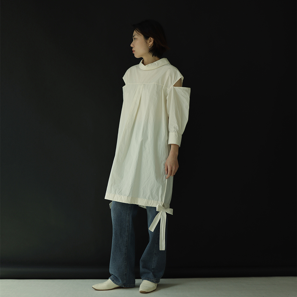 七分袖棉后背纽扣飘带后背纽扣