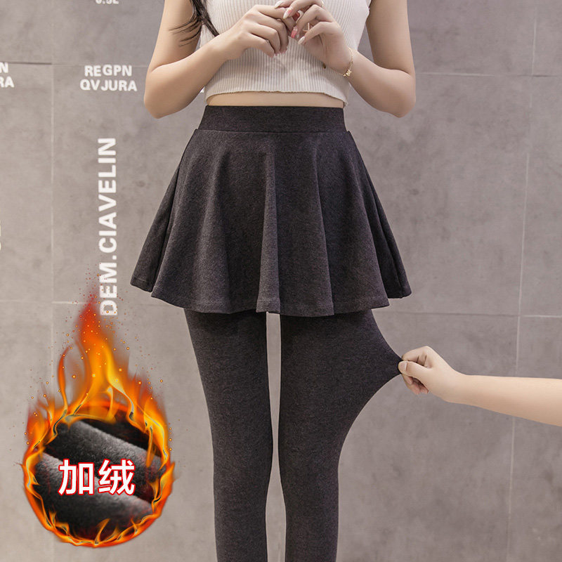 加绒加厚假两件打底裤裙女外穿带裙子的裤子踩脚包臀百褶裙裤女