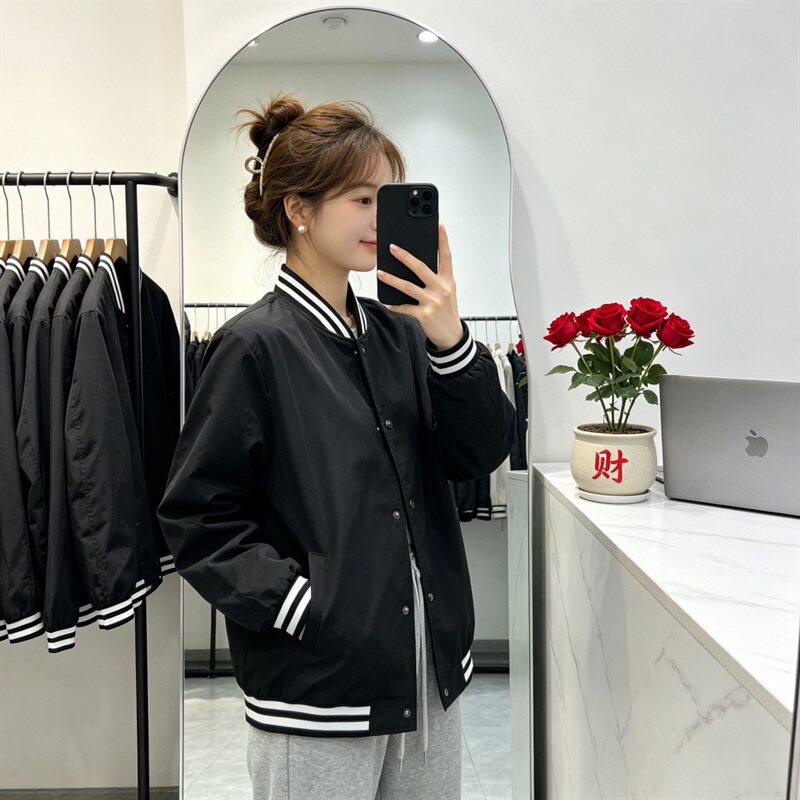 黑色棒球服外套女春秋款2026新款早秋休闲宽松百搭薄款夹克上衣潮图片