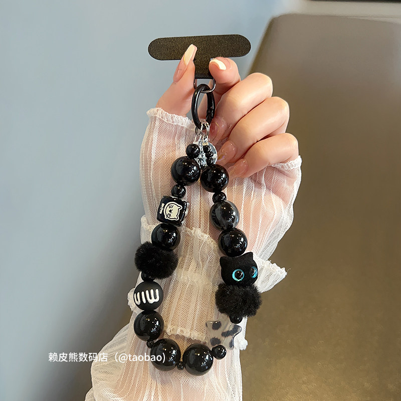小众高级黑毛绒猫咪挂绳串珠手提链手腕带汽车钥匙扣包包挂件