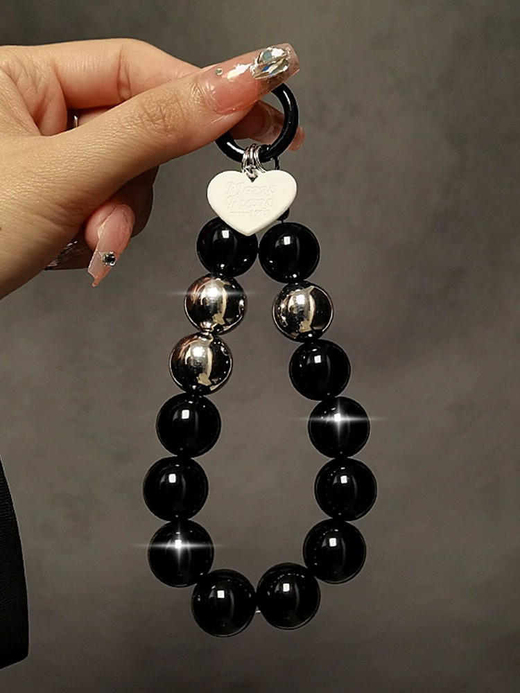 个性创意黑色珠子手提链条手腕短挂绳带夹片手机壳钥匙扣挂件女潮