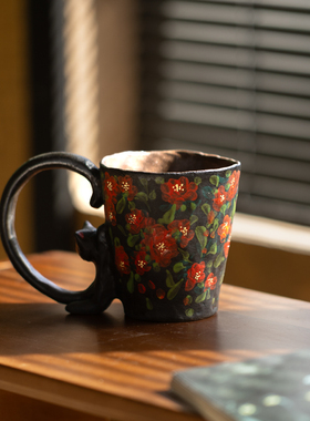 景德镇礼记新中式家用手工陶瓷马克杯红色手绘花卉图案复古咖啡杯