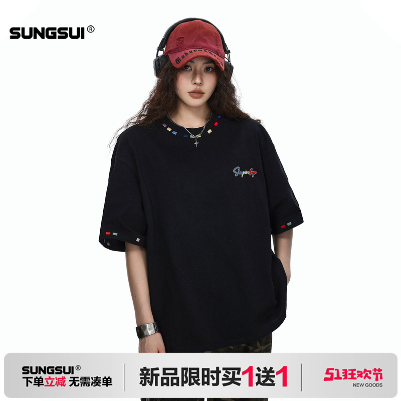 SS森素美式短袖t恤女设计感小众刺绣上衣2025新款夏季慵懒风半袖