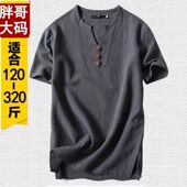 宽松加肥加大码 t恤男士 中国风透气棉麻上衣亚麻体恤 短袖 胖子夏季
