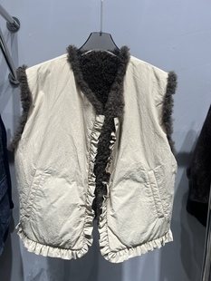 欧货蕾丝内胆木耳边小立领拉链背心坎肩女羊毛时尚 休闲百搭马甲