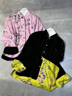 真丝丝绒两面可穿粉色花鸟图案真丝花罗外套YM24097 新中式