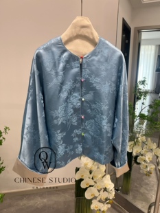 欧洲站8932春装 女装 时髦双面穿圆领复古印花珍珠扣中式 短外套 新款