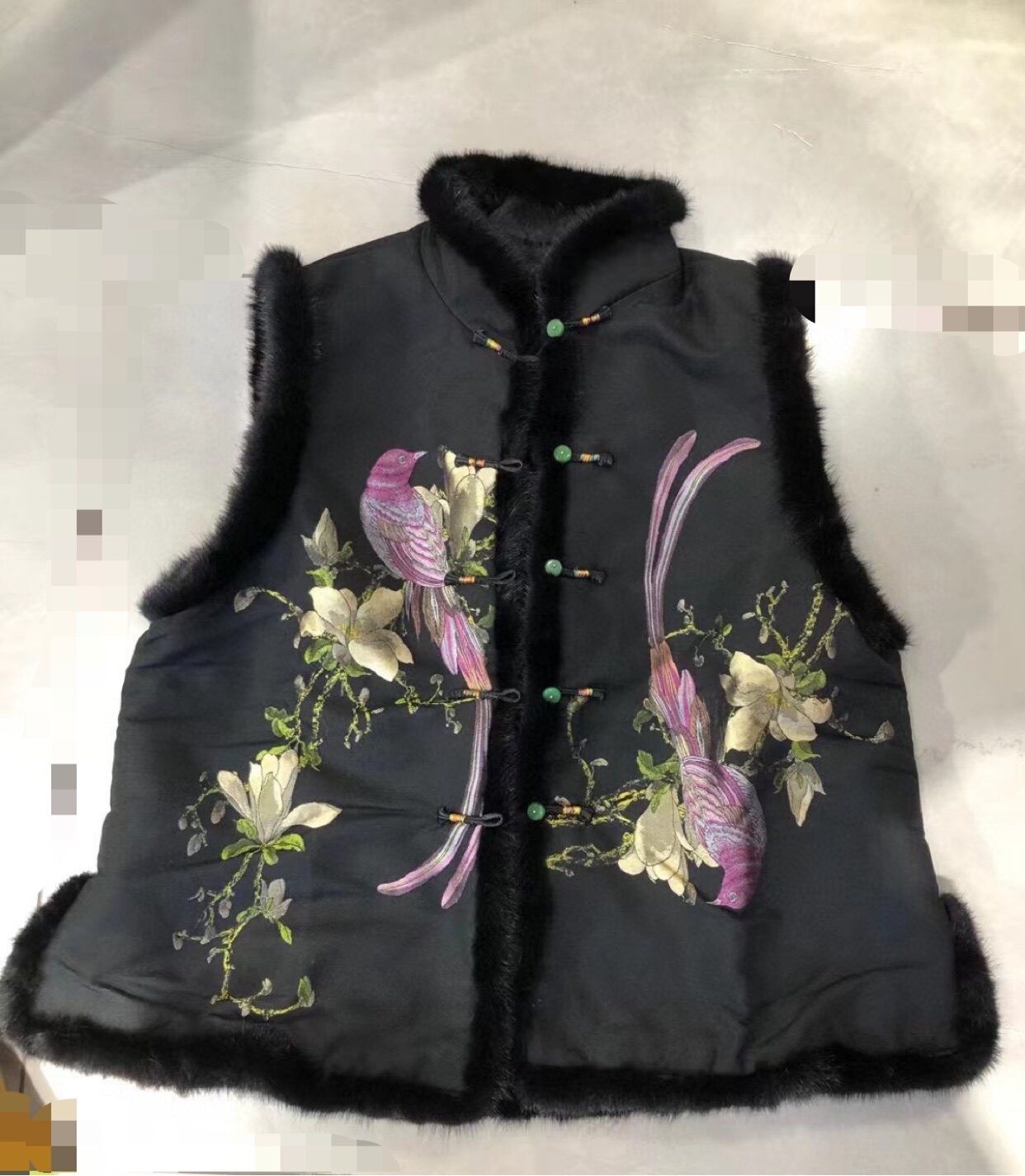 2022春秋中国风水貂毛中式盘扣花鸟刺绣水貂毛夹棉马甲女 S22016