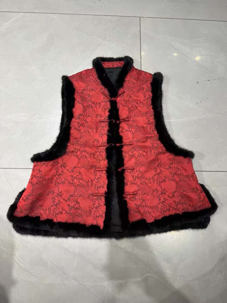 新中式高端香云纱凤凰满地锦水貂边马甲时尚复古中国风加棉背心