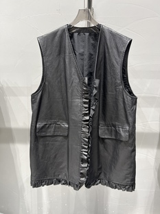 欧洲站2025秋季 V领皮衣真皮马甲设计感木耳边背心马夹2519 新款