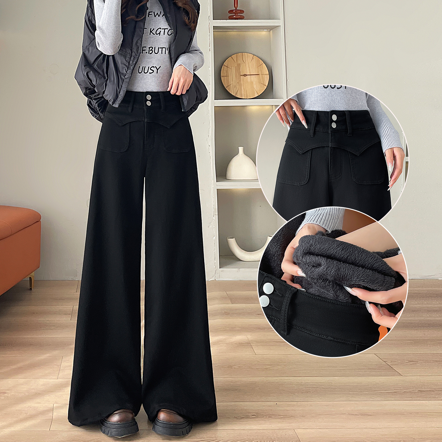 加绒加厚阔腿牛仔裤女