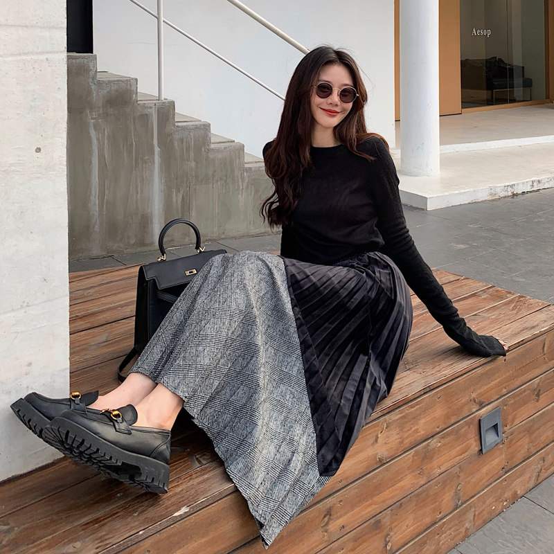 毛呢半身裙百褶裙中长款丝绒拼接女秋冬复古高腰显瘦a字长裙