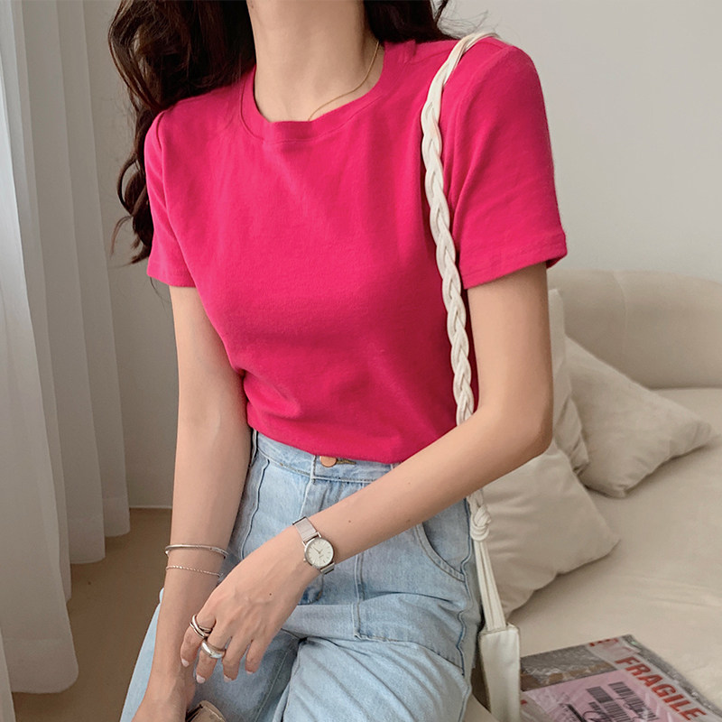 火龙果色短袖T恤女2020夏季新款ins潮圆领修身打底纯色玫红色上衣