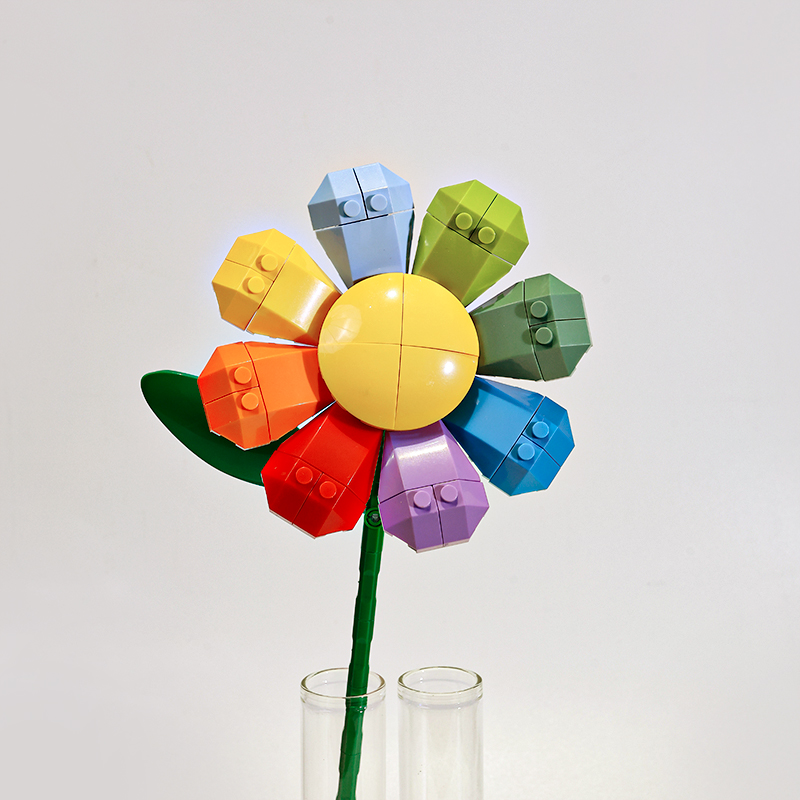 单支积木花彩虹花永生花朵积木玫瑰花diy手工拼装玩具送女友女生