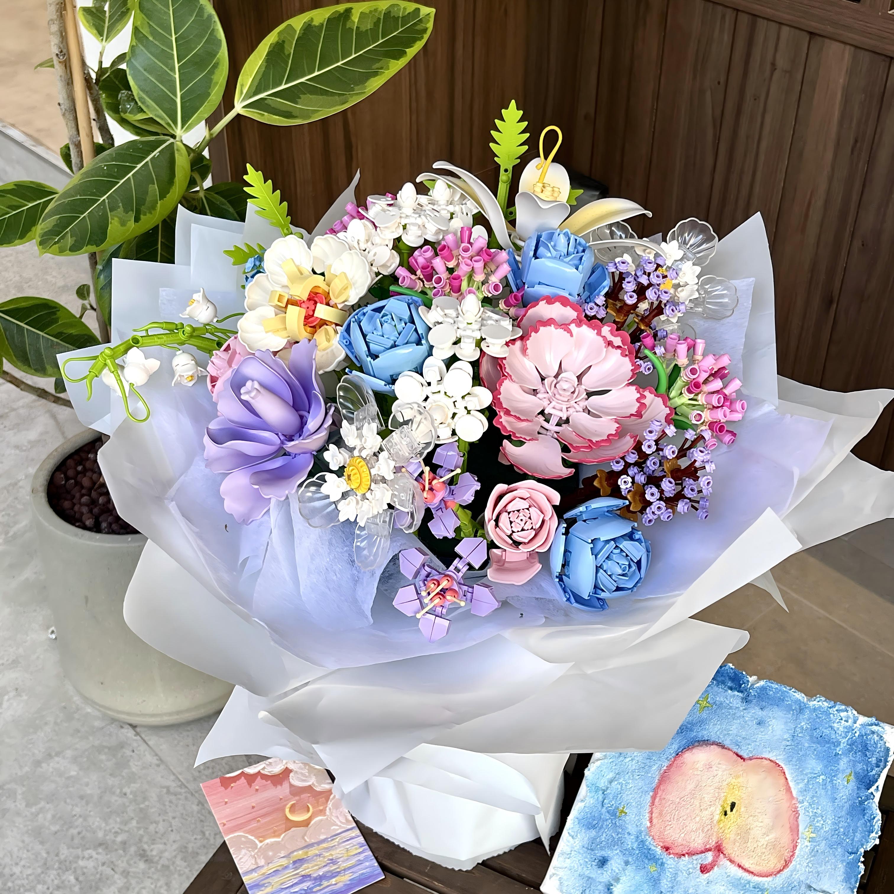 女生整套玫瑰拼装diy积木永生花束套装礼物送女孩生日闺蜜情侣