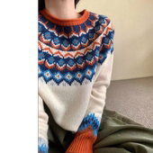 针织衫 早春新品 全毛无缝费尔岛提花圆领套头宽松长袖 女毛衣W522