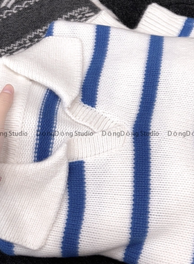 特！售完无补！全毛条纹剪刀翻领套头宽松长袖针织衫毛衣 253003