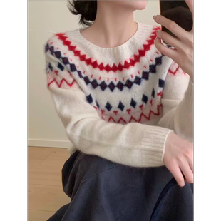 半价!档口单~全毛无缝费尔岛提花圆领套头宽松长袖针织毛衣W603