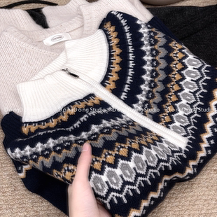 特！售完无补！费尔岛提花拉链半高领套头宽松长袖针织衫毛衣7111