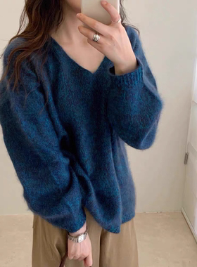 高高货！万人迷【V领蓝眼泪】花纱拉绒套头宽松长袖保暖毛衣 9917