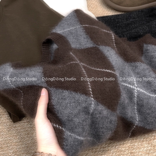 大角羊拉绒！[榛果巧克力]菱格提花圆领套头宽松长袖针织毛衣7189