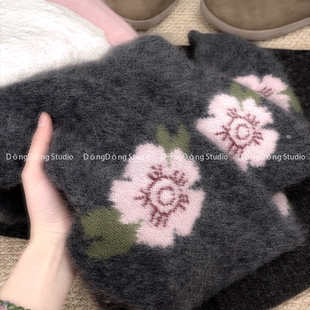 大角羊拉绒【灰海棠】提花圆领套头宽松长袖针织衫女士毛衣25295