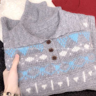 特！售完无补！全毛翻领套头提花宽松长袖针织衫女士毛衣 8861