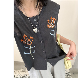 夏季新品【富贵花】花边圆领刺绣开衫马甲无袖针织上衣背心 058