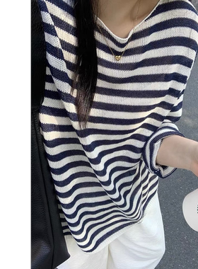 /蓝灰条纹/爆单中！一字领宽松慵懒风【衣长58胸围106】 U77X12