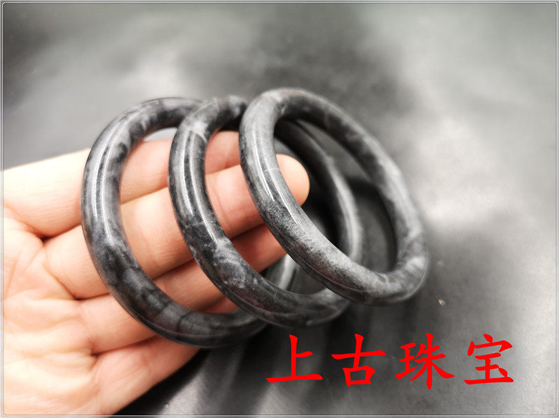 上古珠宝 新款纯天然黑花玉石圆条手镯 青花玉手镯 平安玉镯特价