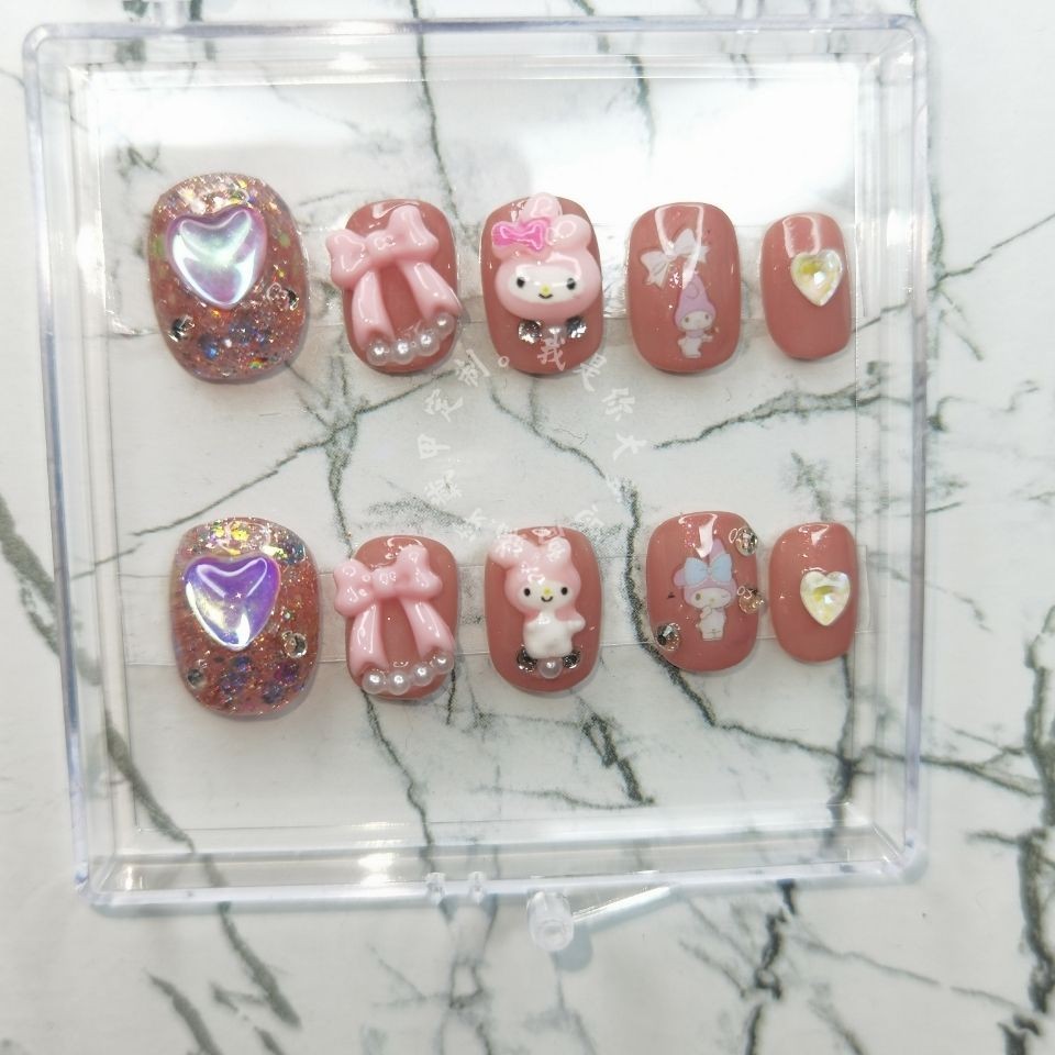 可爱y2k辣妹短方圆穿戴甲原创成品卡通短甲美甲贴美乐蒂亮片