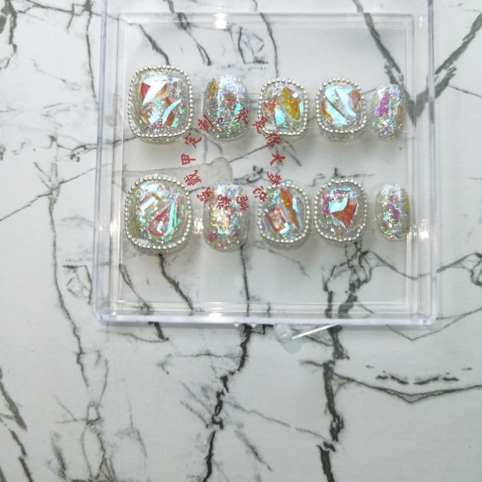 新款爆闪冰透极光超短方圆穿戴甲美甲贴片成品仙女春夏款链条