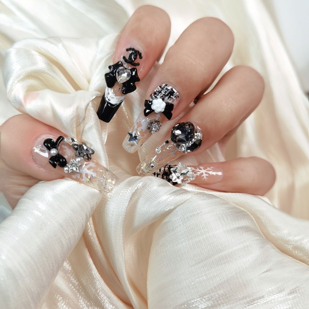 新款雪花圣诞节小香风富家千金立体纯手工穿戴重工饰品辣妹美甲贴