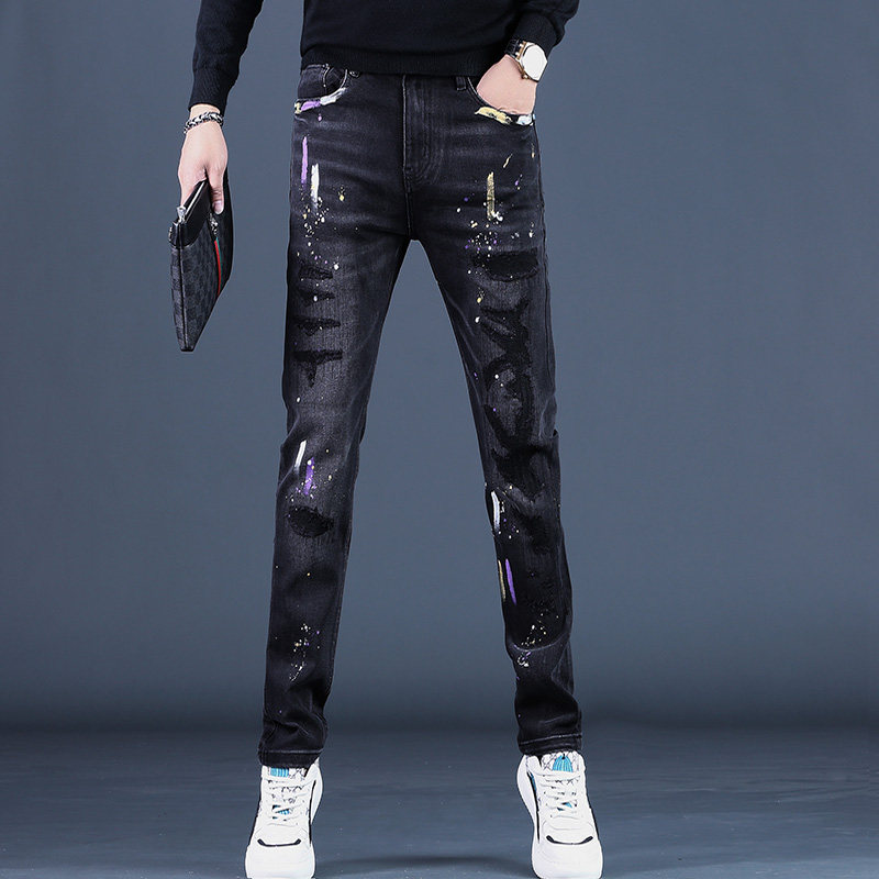 2025秋冬季新款黑色破洞补丁牛仔裤男潮修身直筒潮流休闲裤子韩版