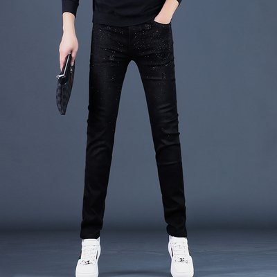 2025新款秋冬季烫钻印花黑色牛仔裤男潮牌修身小脚潮弹力男士长裤