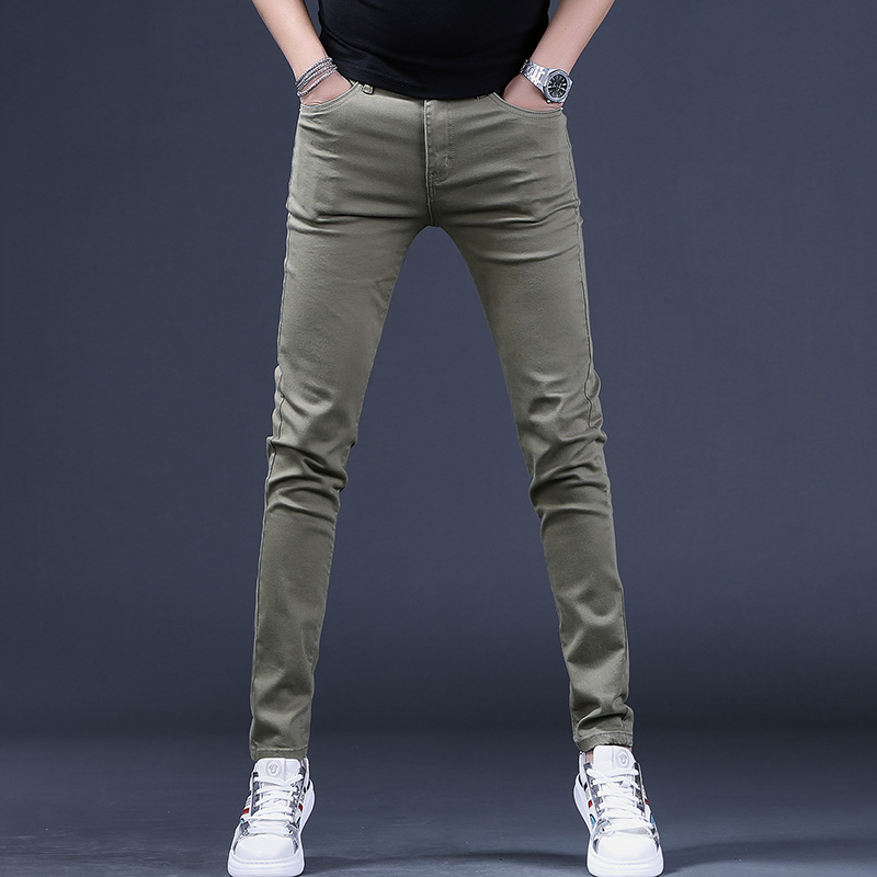 2025秋季新款男士牛仔裤修身百搭弹力小脚长裤男潮流休闲裤军绿色